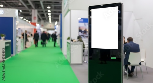Blank Digital Kiosk at a Trade Show with Green Carpet