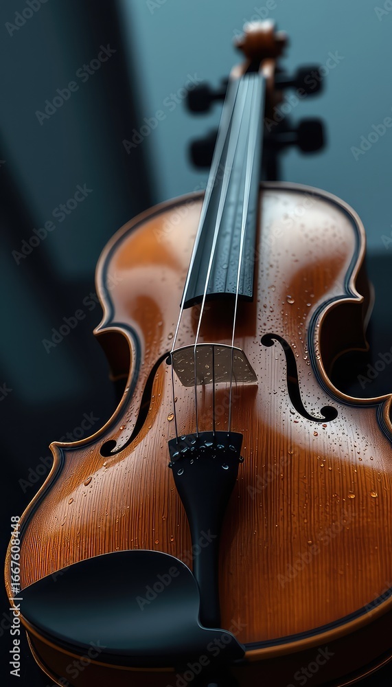 Fototapeta premium Intricate detailing of the wooden violin surface with water droplets highlighting the elegance and craftsmanship of the musical instrument