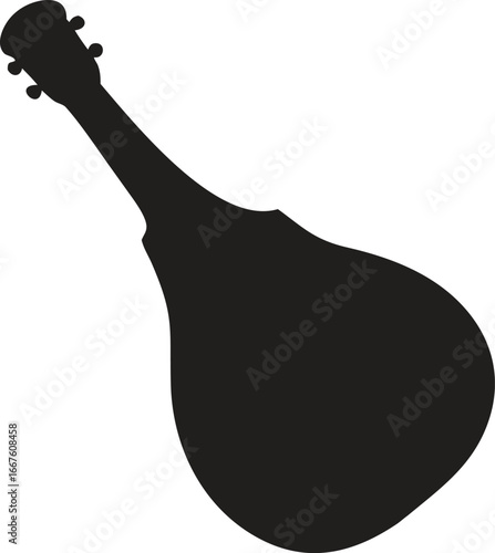 A black silhouette design of a sitar traditional string instrument icon isolated on white background. Vector illustration