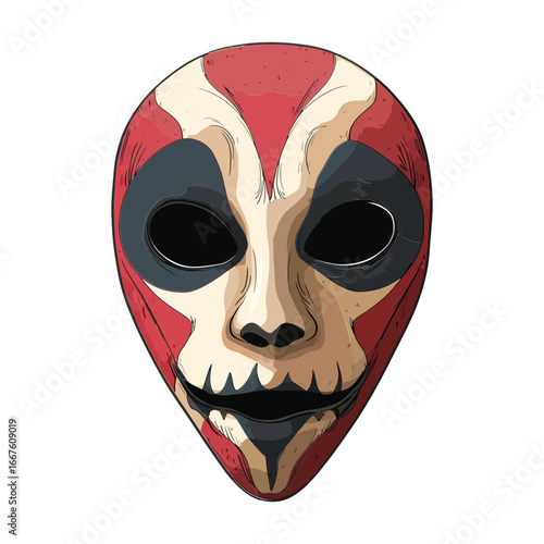 A flat, cartoon-style illustration of a creepy, stylized mask with a red and white pattern and dark eye sockets, useful for blogs or websites about horror, art, or graphic design.


