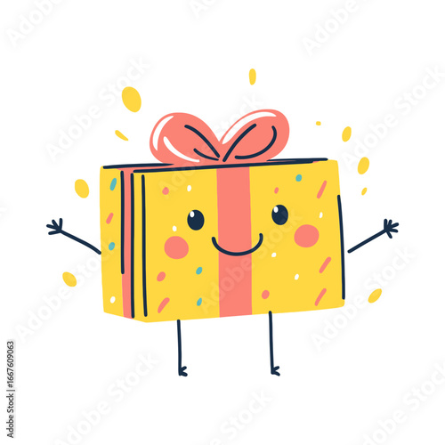 A whimsical cartoon illustration of a happy gift box with a face, arms, and legs. This icon is perfect for websites or blogs related to birthdays, promotions, holidays, or e-commerce gifts.

