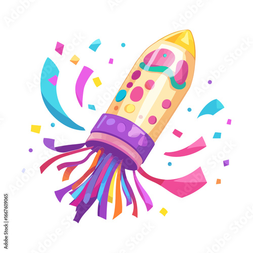 A vibrant cartoon illustration of a confetti popper bursting with colorful streamers and confetti for websites or blogs for celebrating holidays, parties, anniversaries, or special announcemen
