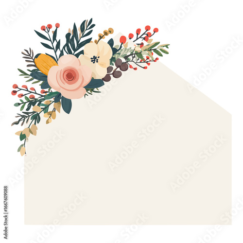 A soft, flat illustration of a floral arrangement with roses and berries on a blank card. Ideal for blogs or websites on weddings, invitations, holiday greetings, or feminine design.


