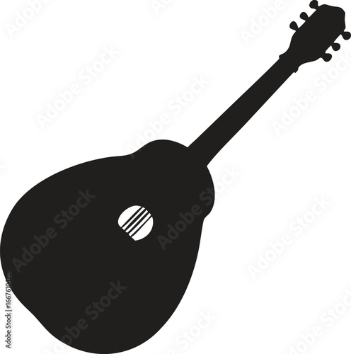 A black silhouette design of a guitar string instrument icon isolated on white background. Vector illustration
