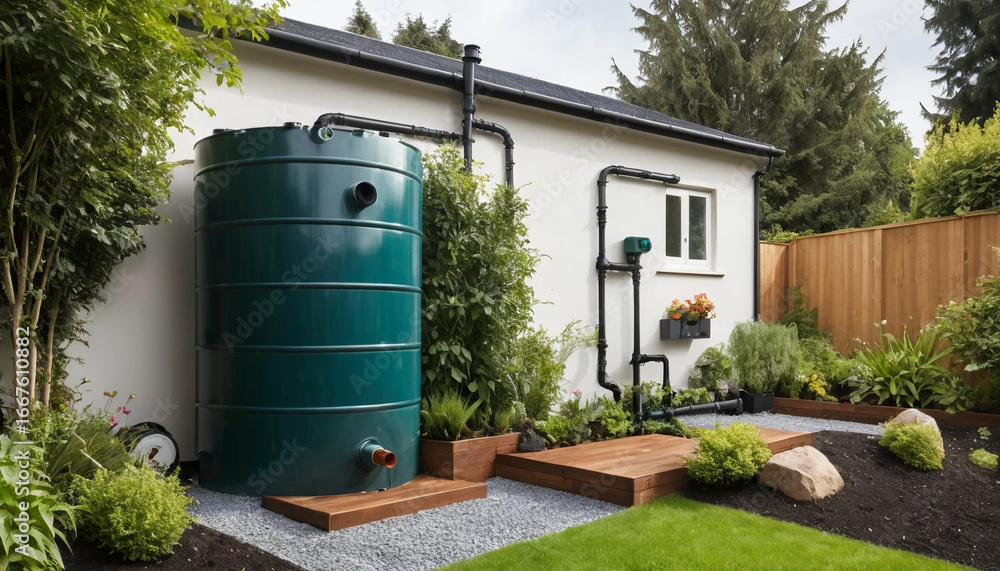 Naklejka premium Rainwater pipe channeling water into garden tank