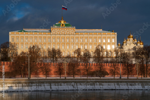 The Grand Kremlin Palace, where the Russian President's residence is located, and the Annunciation Cathedral on the embankment of the Moskva River, Moscow, Russia