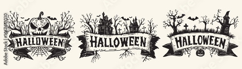 Vector set of monochrome Halloween ribbons with text and spooky decorative elements, trees, crosses, pumpkins and creepy houses, perfect for holiday designs, invitations, banners and seasonal projects