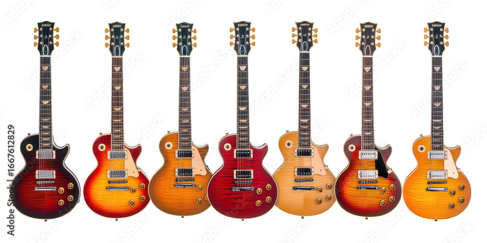 Naklejka premium Group of seven electric guitars with sunburst and solid color finishes musical instrument music isolated on a transparent background