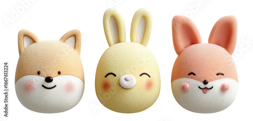 Cute Animal Faces with Bunny, Fox, and Smile on Transparent Background