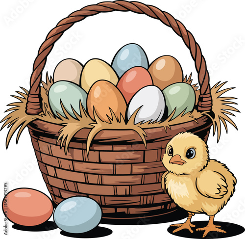 A fluffy yellow chick stands beside a woven basket filled with colorful Easter eggs and straw bird baby