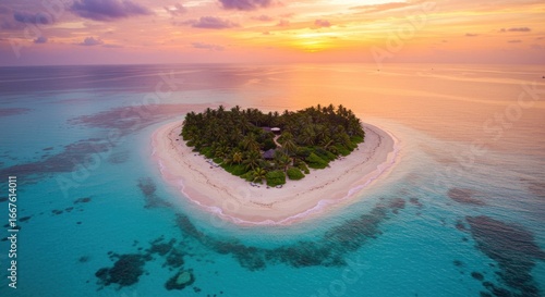 Heart-Shaped Island Paradise: Aerial View at Sunset with Turquoise Waters