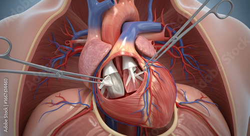 Anatomical 3D rendering of a mitral valve replacement procedure with surgical tools inside the human heart chambers