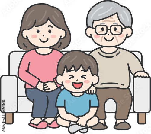 敬老の日に、祖父と母と家族写真を撮る、男の子のイラスト｜敬老の日