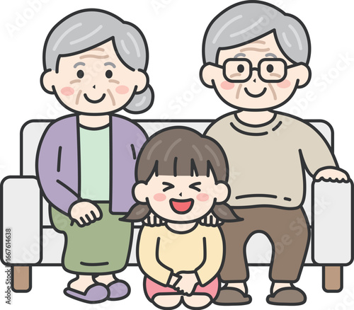 敬老の日に、ソファで祖父母と写真を撮る、女の子のイラスト｜敬老の日