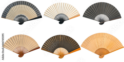 Six open folding fans with diverse patterns and materials on black hand fan accessory isolated on a transparent background