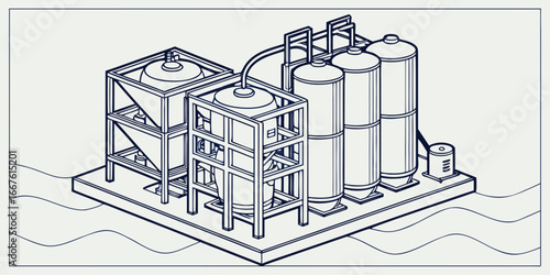 Modular ocean plastic cleanup machines detailed technical vector drawing