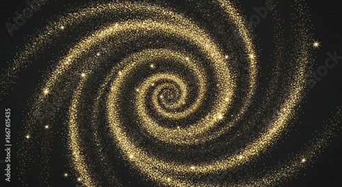 A mesmerizing spiral of golden glitter particles against a dark background creating a swirling galaxy effect