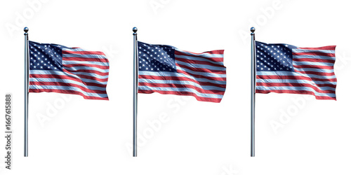 Three American Flags Waving on Poles Against Black Background usa flag united states flag isolated on a transparent background
