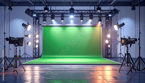 Empty modern professional video production studio with green screen backdrop.