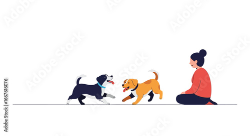 Woman watches two dogs playing joyfully on white background. Suitable for pet products, animal blogs, and general happinessthemed content.