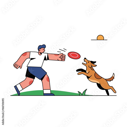 Man plays frisbee with dog in a park. Suitable for pet, outdoor, activity, summerthemed designs.