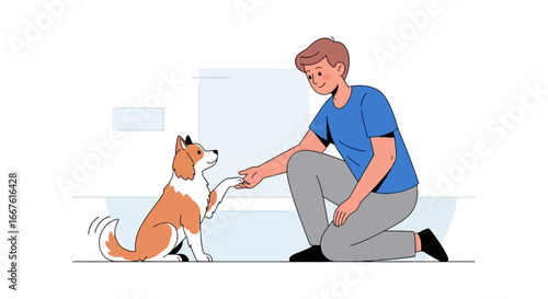 Person bonding with dog through handshake, symbolizing friendship and companionship, suitable for pet care and animal training concepts. Caninehuman connection.