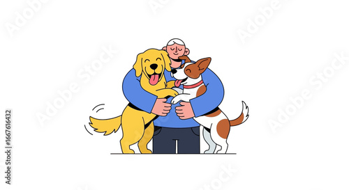 Loving moment captured between person, golden retriever, and jack russell terrier. Suitable for pet care, companionship, friendship, dogrelated content.
