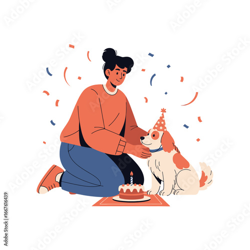 Celebrating a dogs birthday with confetti and cake, perfect for birthday cards, petthemed social media posts, and party invitations.