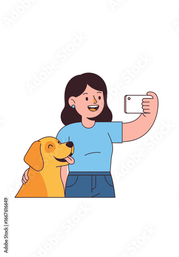 Girl takes selfie with golden retriever dog. Perfect for social media, petrelated websites, and marketing materials targeting pet lovers.