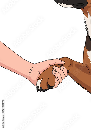 Person and a dog shaking hands in agreement. Suitable for pet training, animal communication, loyalty concepts, and teamwork themes.