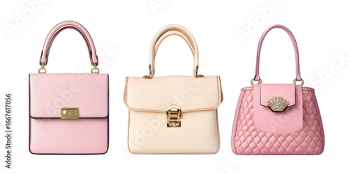 Three Elegant Pink and Cream Handbags with Gold Hardware on Black purse fashion isolated on a transparent background