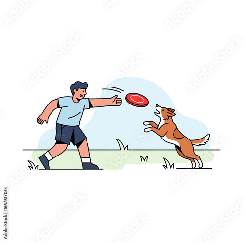 Excited dog catching frisbee in field. Great for pet, outdoor activities, animal training, leisure, active lifestyle, and friendship concepts.