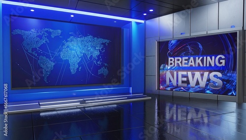 High-tech virtual broadcast set with world map and breaking news screen.