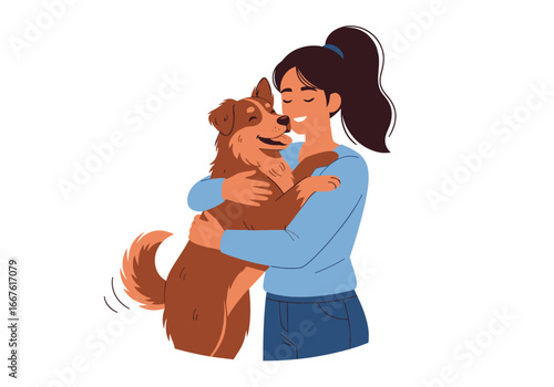 Young woman hugs her happy brown dog in a loving embrace, suitable for pet care, animal companionship, love, friendshipthemed designs.