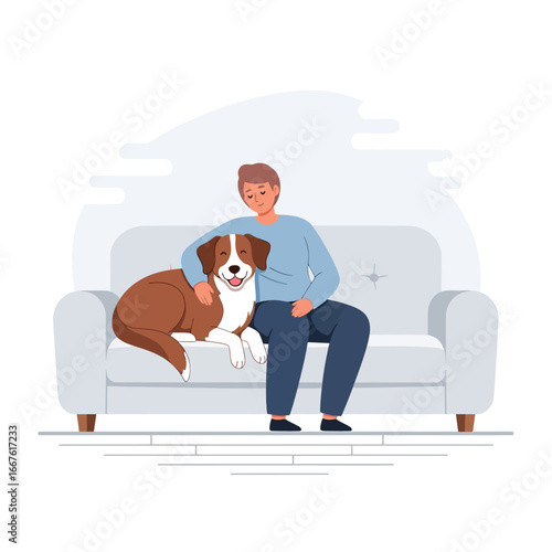 Boy sitting on white couch pets his brown dog. Perfect for pet adoption campaigns, dog training materials, and familycentered advertisements.