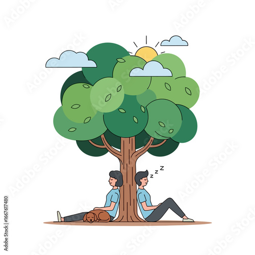 Two people and a dog resting under a large leafy tree ideal for outdoor lifestyle, relaxation, nature, pet, and friendship concepts.