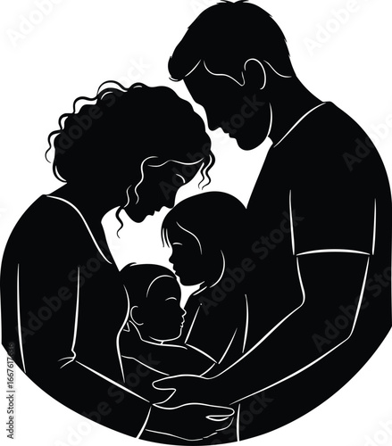 Silhouette of family, parents with children, black and white, emotional moment, togetherness, bonding, love, unity, parenting, support, closeness