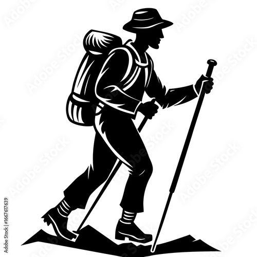 Silhouette of a hiker with a backpack and trekking poles walking uphill hiking