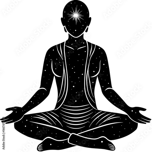 Silhouette of a person meditating with a cosmic pattern inside on a white background meditation yoga