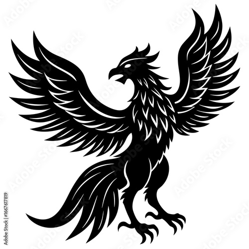 Black Silhouette of a Mythical Phoenix with Outstretched Wings and Fierce Expression creature bird
