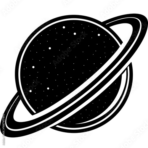Black silhouette of a ringed planet with a starry surface space cosmos
