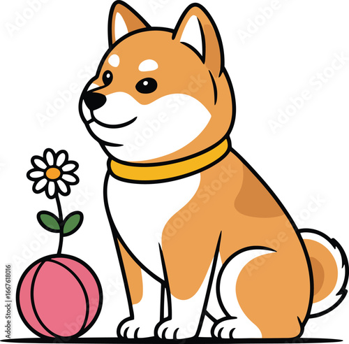 Adorable Shiba Inu dog sitting next to a daisy and pink ball animal