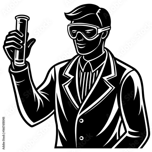 Scientist in Lab Coat and Goggles Holding a Test Tube in Black and White researcher chemist