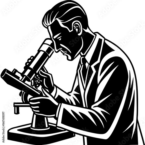 Black and White Graphic of a Man Using a Microscope for Scientific Research scientist researcher