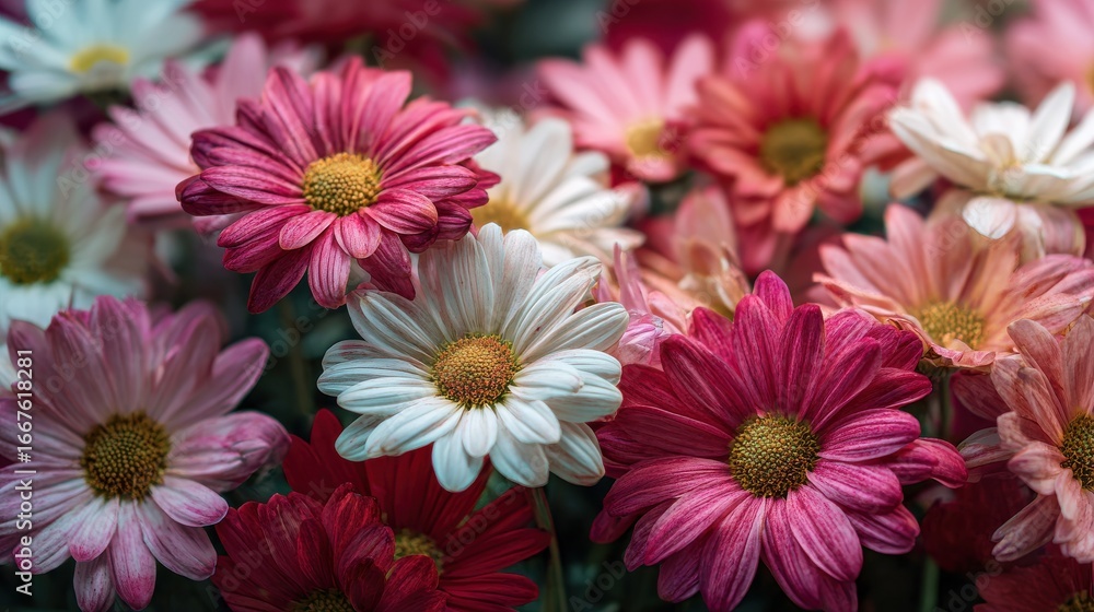 Fototapeta premium Close Up of Pink, Red, and White Daisies with Water Droplets
