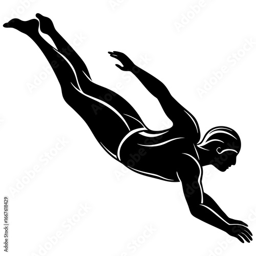 Silhouette of a diver plunging into water in black and white diving plunge