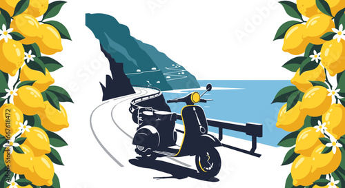 Vintage scooter on a coastal road with lemons, evoking Italian summer travel.