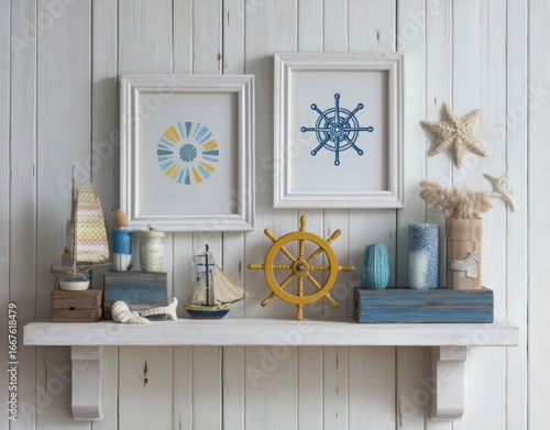 Coastal Decor on White Shelf Blue Yellow Nautical Theme