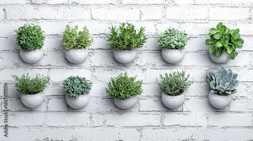 Various Potted Succulents and Herbs on a White Brick Wall,up by Nha Vu