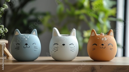 Cute ceramic cat planters on a wooden surface